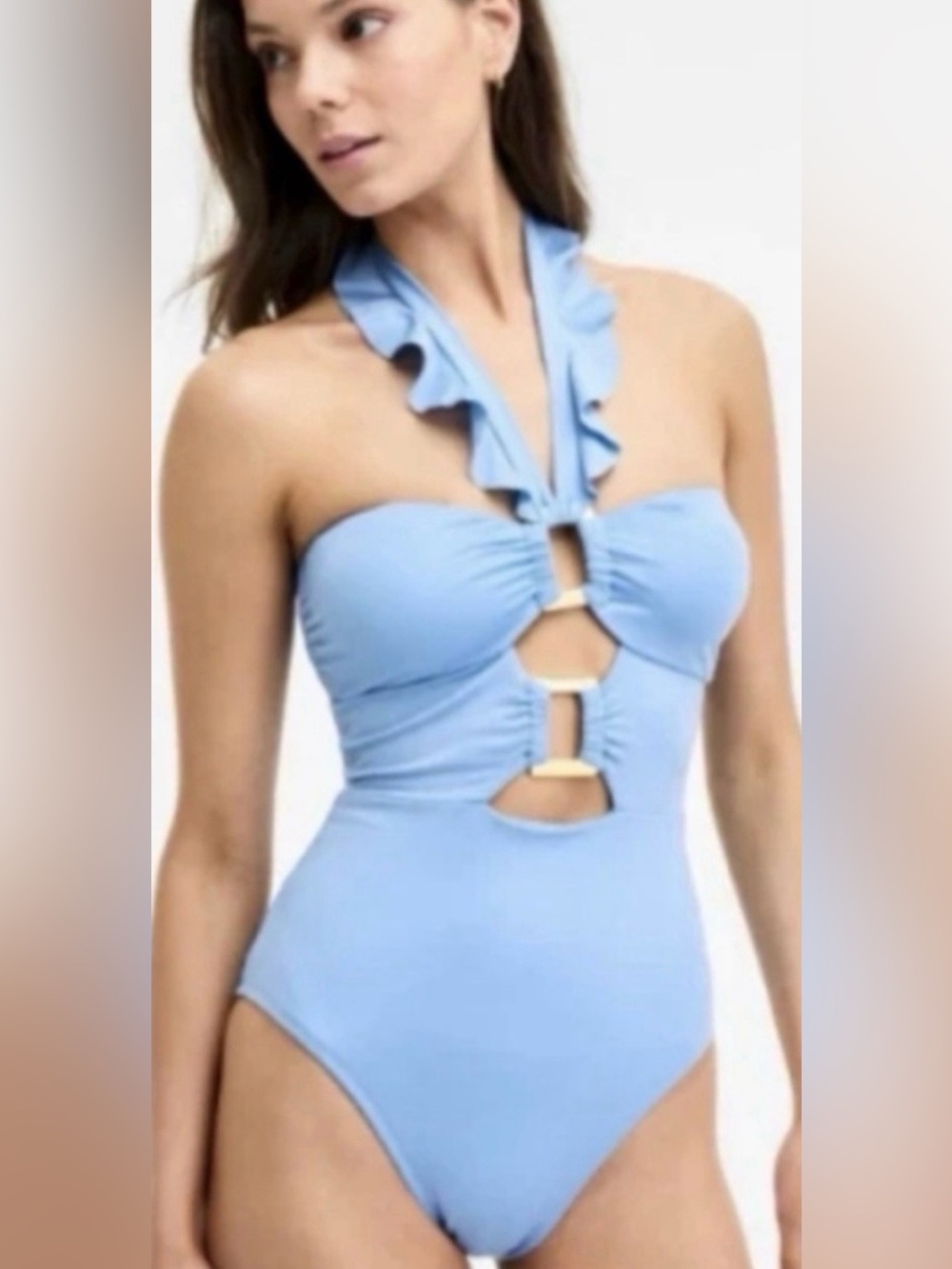 NWOT Soluna Sky Blue Ruffle Halter Cut Out One Piece Swimsuit.